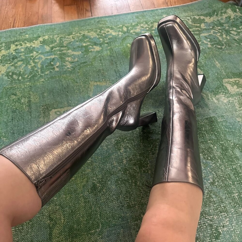 Jeffrey Campbell Crinkled Silver Knee-High Block Heel Boots - Picture 3 of 13
